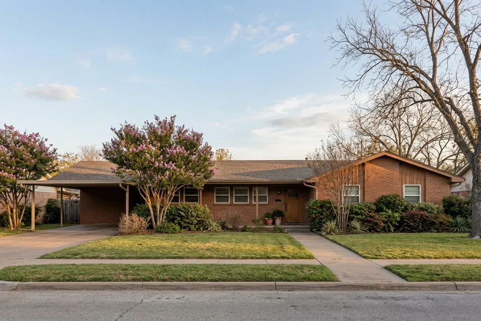 Illustration of a 1960s brick ranch house with a carport
