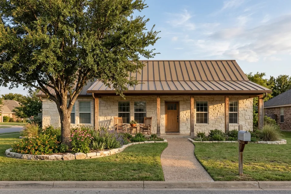 Illustration of a limestone ranch house with a metal roof