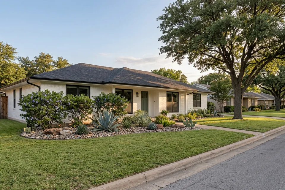 Illustration of a 1970s white-painted brick ranch house