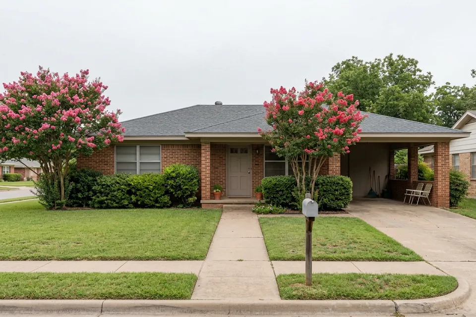 Illustration of a 1960s brick ranch house with a carport