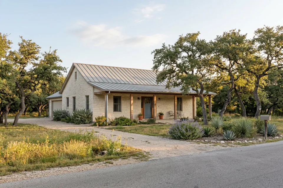 Illustration of a limestone ranch house with a metal roof