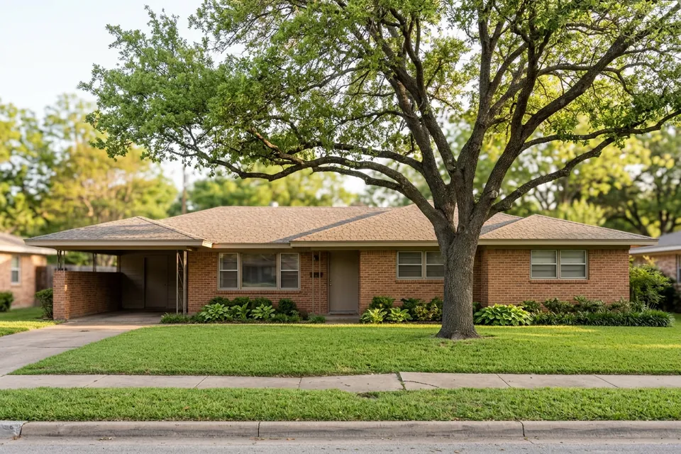 Illustration of a 1960s brick ranch house with a carport