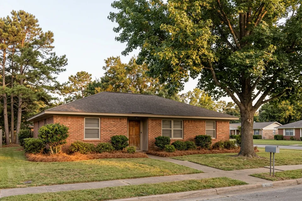 Illustration of a 1970s brick ranch house among pines