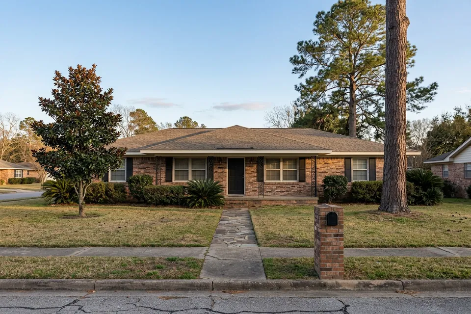Illustration of a 1970s brick ranch house with shutters