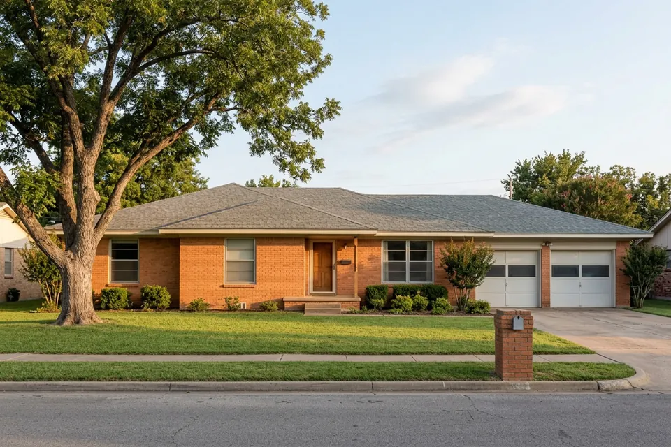 Illustration of a 1970s brick ranch house with a two-car garage