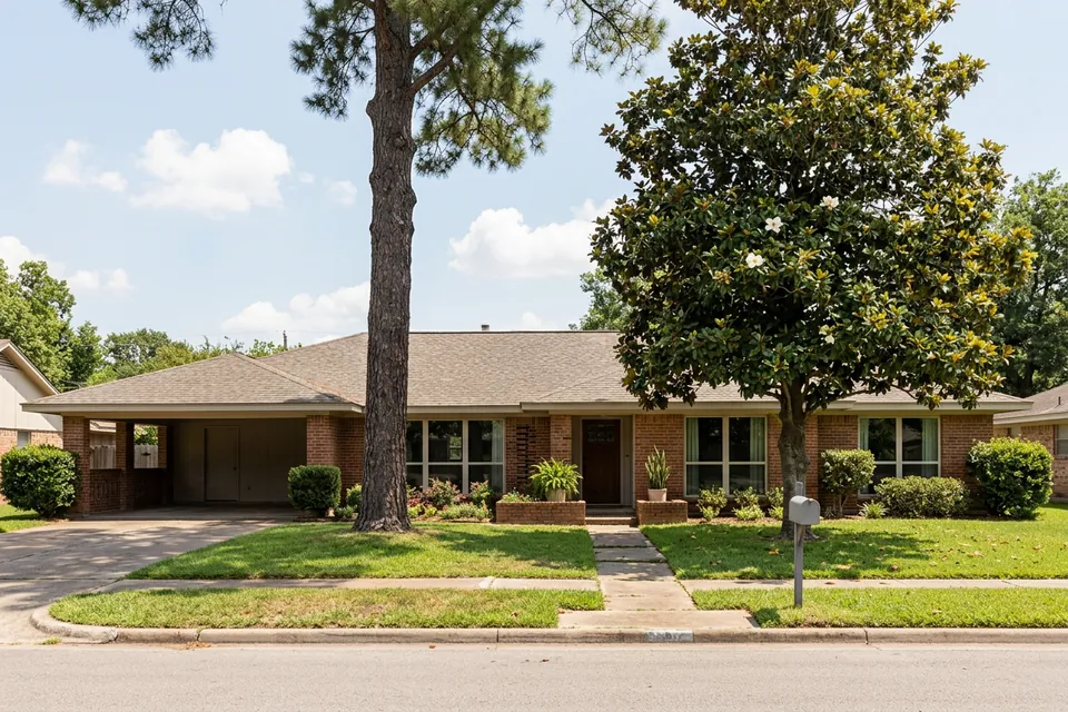 Illustration of a 1960s brick ranch house with a carport