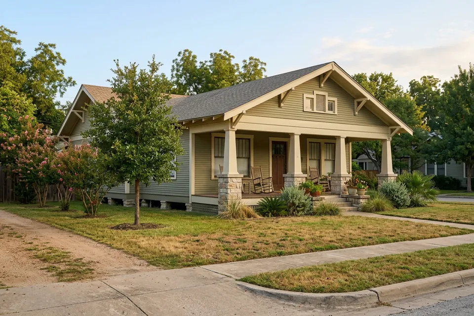 Illustration of a 1930s Craftsman bungalow on a pier and beam foundation