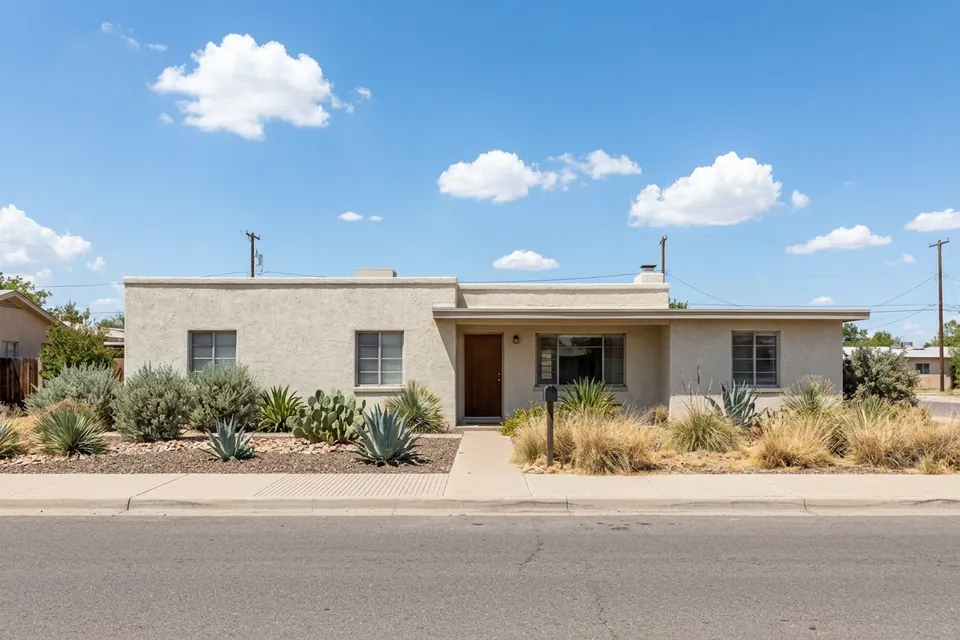 Illustration of a flat-roofed stucco ranch house